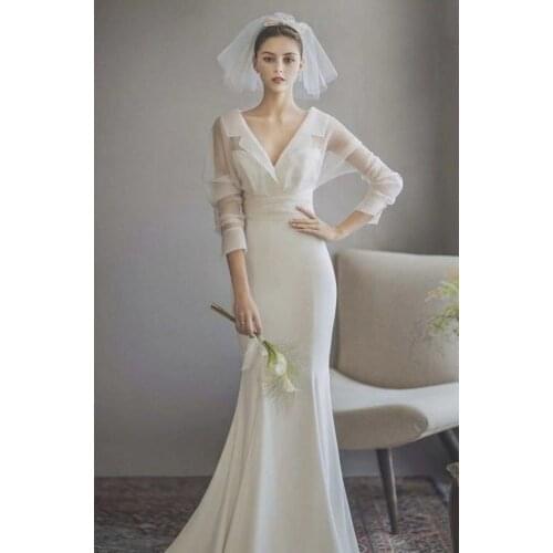 2021 New Designs Off White Two Piece Long Sleeve Satin Sweep Train Mermaid Korea Wedding Dress Bride Gown Vestidos De Novia