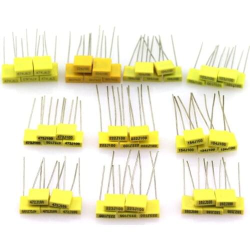 50pcs/lot 10 Value Polypropylene Film Capacitor 1nF 10nF 47nF 100nF 470nF Capacitance Correction Capacitor Assorted Kit