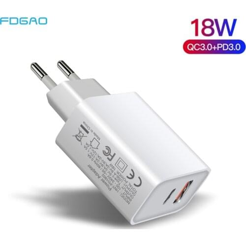 FDGAO PD Charger Dual USB 18W QC 3.0 Adapter Fast Charging Type C Phone Travel Wall Quick Charge 3.0 EU/US/UK Plug For iPhone 12