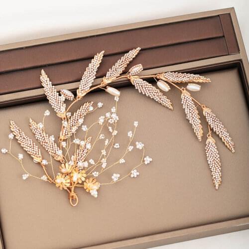 FORSEVEN Bridal Wedding Hair Accessories Gold Color Crystal Pearls Flower Leaf Headband Hair Bands Earring Jewelry Sets Decor