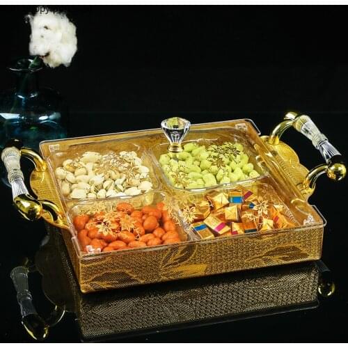 European Golden Plastic Dried Fruit Plate with Handle Transparent Lid 4 Grids 6 Grids Home Acrylic Food Storage Box Snack Tray