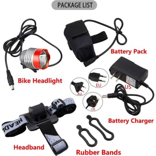 Waterproof Front Bike Headlight Aluminum T6 LED Bicycle Lamp 3 Modes Safety Cycling Light+6400mAh Battery Pack+8.4v Charger
