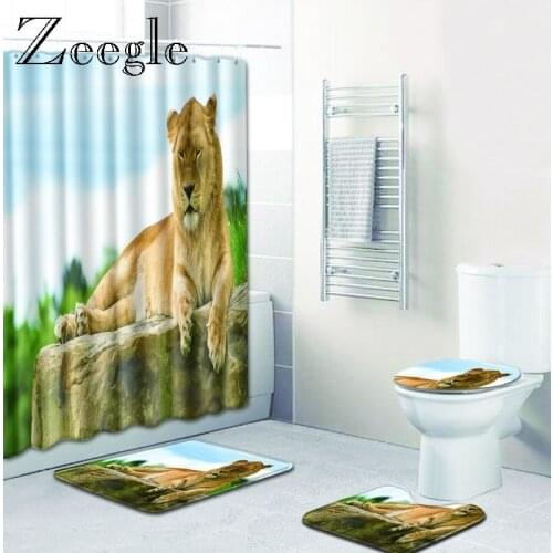Zeegle Lion Pattern Shower Curtain and Bathroom Mats 4PCS Anti Slip Mat for Bathroom Microfiber Bathroom Rug Toilet Floor Carpet
