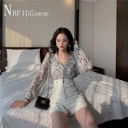 Long Sleeve Lapel Women Blouse And Bandage Shorts Women Sets Fashion Female Sets