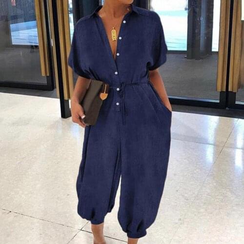 Women Denim Jumpsuit Short Sleeve Solid Color Skin-friendly Breathable Buttons Pockets Long Baggy Romper Overall for Work