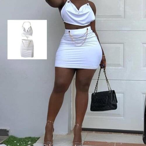 Two Piece Short Set New Women Sexy V-neck Chain Spaghetti Strap Crop Top and Bandage Mini Bodycon Skirts Ruched Skirt suit