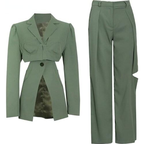 Notched Long Sleeve Two Piece Set for Women Solid Color Hollow Out Blazers High Waist Straight Pants Casual Sets Spring Autumn