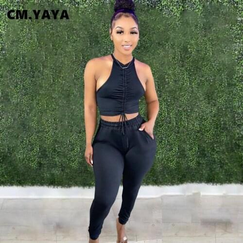 CM.YAYA Women Set Solid Sleeveless Shirring Crop Tanks Tops Pockets Pencil Pants Two 2 Piece Sets Tracksuit Summer Outfits 2021