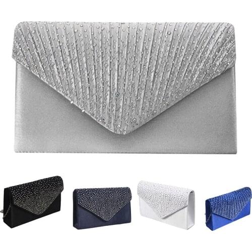 Womens Silk face Diamond Clutches Shoulder Bag Evening Bridal Prom Satchel Chain Handbag(Navy blue)