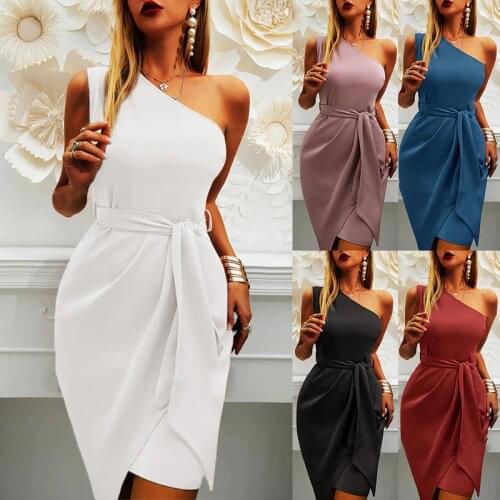 Summer Women Dress 2021 Sleeveless Diagonal Collar Solid Color With Belt Irregular Autumn Casual Female Vestido Party Robe C2950