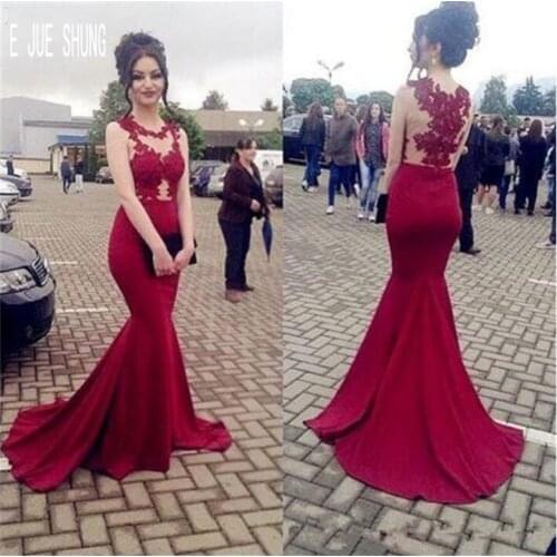 E JUE SHUNG New Burgundy Mermaid Evening Dresses O Neck Prom Gowns Illusion Back Lace Appliques Formal Dresses robe de mariee