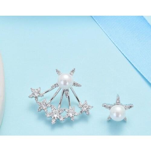 Zhijia exaggerated trendy crystal rhinestone pearl star stud earrings creaive unique asymmetry earrings accessories