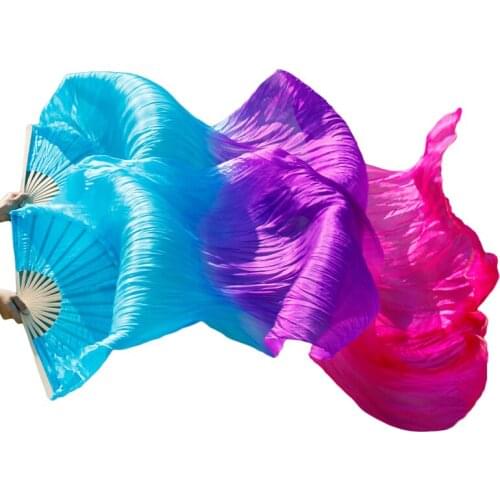 100% Silk Stage Performance Props 1 Pair Belly Dance Fans Silk Bamboo Ribs Belly Dance Long Fans Gradient Turquoise+Purple+Rose