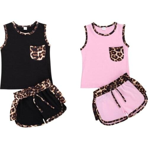 2 Pcs Infant Leopard Print Outfits Toddler Sleeveless Round Neck Vest Drawstring Shorts Casual Clothes Set 1-6Years