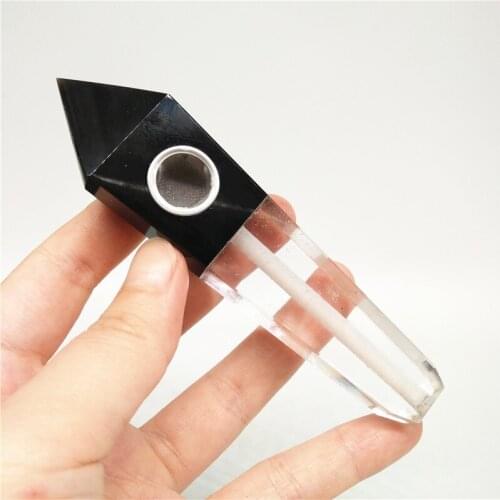 90-100 mm) Hot sale Half Clear Quartz Half Obsidian crystal smoking pipe wands reiki healing gifts wholesale price