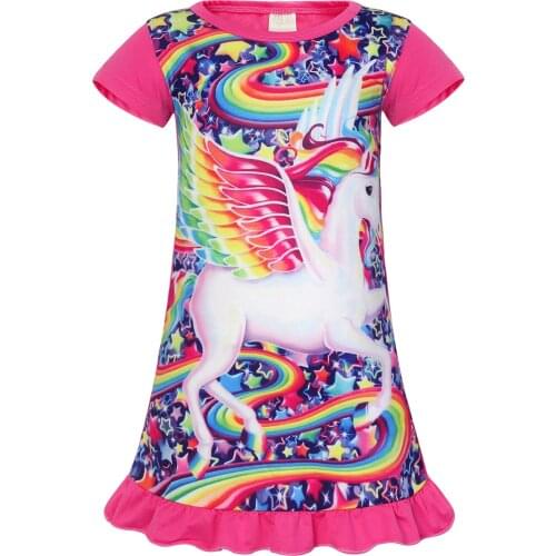 Children Cartoon Anime Unicorn Print Summer Dress Girls Nightdress Soft Breathable Home Rest Outdoor Walking Shoping Casual Wear