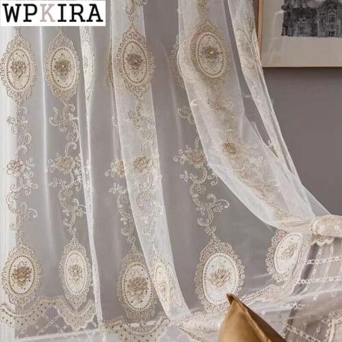 Europe Luxury Pearls Curtain for Living Room Embroidery Lace Sheer Voile Drape Velvet Bedroom Window Mesh Fabric S376#D