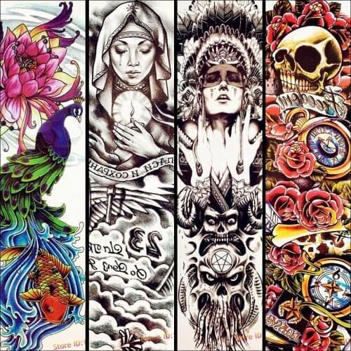 Fake Waterproof Temporary Tattoo Stickers Warrior Skull Black Water Transfer Flower Arm Sleeve Tattoo Totem Men Women AQS-Q030