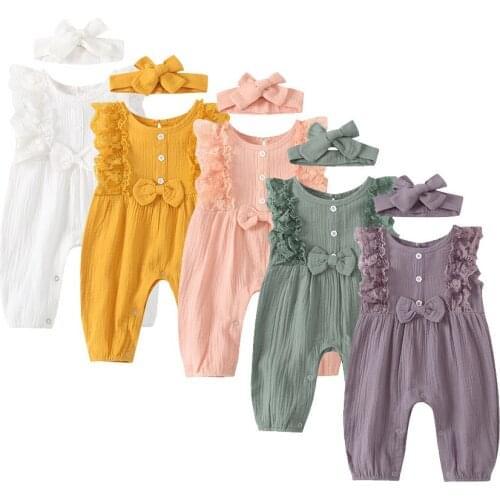 New Infant Toddler Newborn Baby Girls Solid color Sleeveless Bodysuit Sunsuit Jumpsuit Casual Clothes Jumpsuit Headband 2PCS