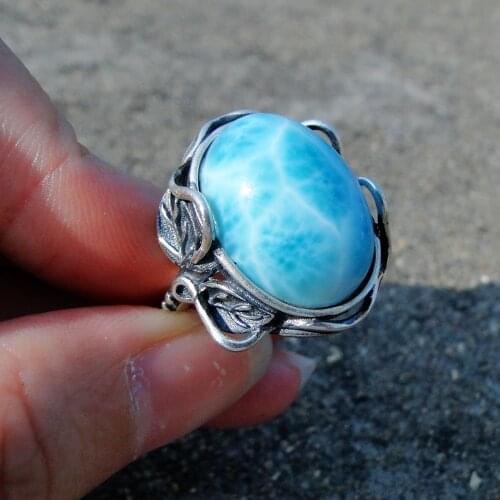 Beautiful 925 Sterling Silver Cabochon Gemstone Oval 13x18mm Natural Larimar Gemstone Larimar Silver Leaf Ring
