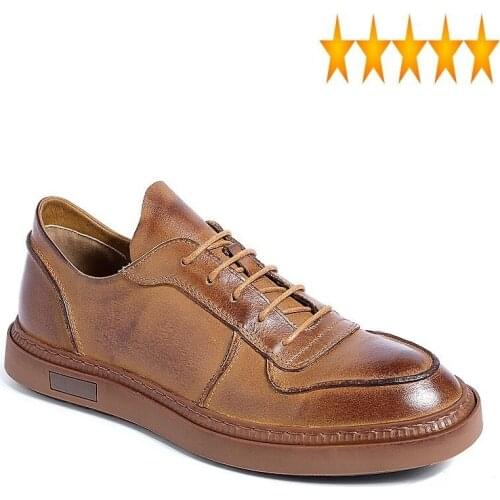Casual British Top Brand Smart Mens Genuine Leather Sneakers Lace Up Round Toe Fashion Streetwear Male Retro Flat Shoes