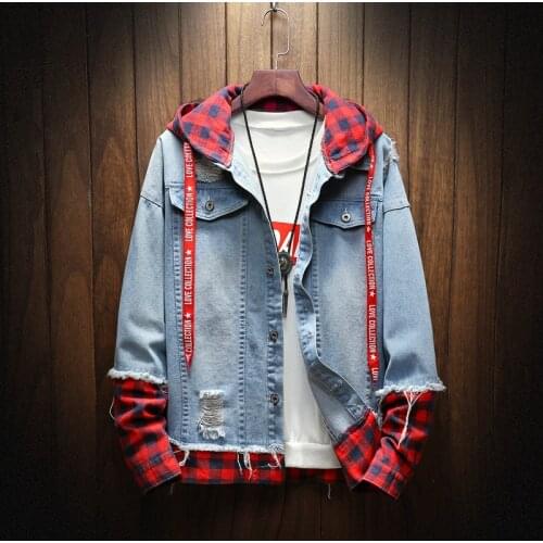 Prowow 2021 Spring Autumn Fashion Jacket for Men Plaid Stripe Spliced Denim Jacket Youth Streetwear Hip Hop Jacket Hooded Coat