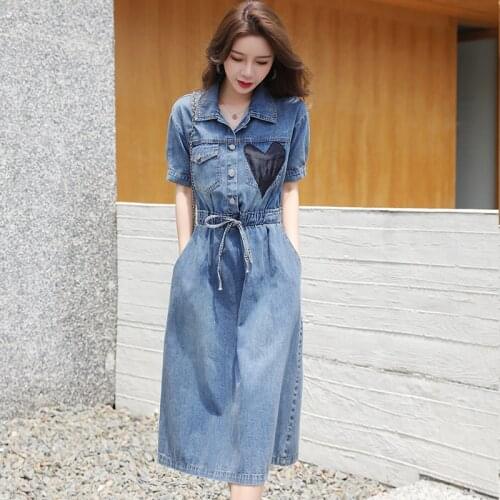 Summer denim dress woman vintage casual lapel midi jeans vestidos mujer single breasted lace up elastic high waist long dresses