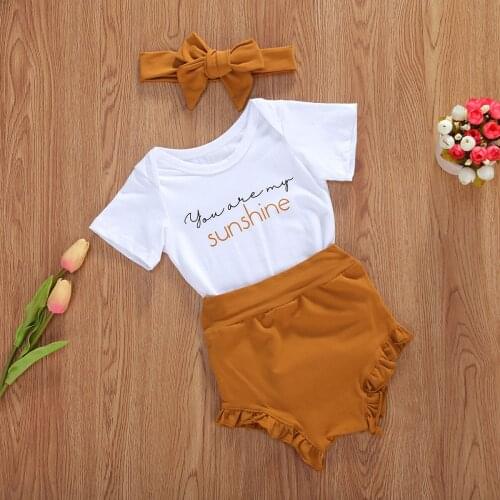 Summer Newborn Baby Girls Boys Clothes Sets 3Pcs Sunshine Short Sleeve Romper Tops+Ruffles Shorts Headband Set 0-18M