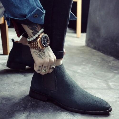 Mens Pointed Martin Boots Suede Nubuck Leather English Chelsea Boots Hair Stylist Leather Shoes High-Top Mens Short Boots