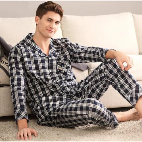 Spring / Winter Brand New 100% Cotton Pajamas Suit for Men Long-Sleeved Trousers Classic Plaid Pajamas Male Home Nightgown