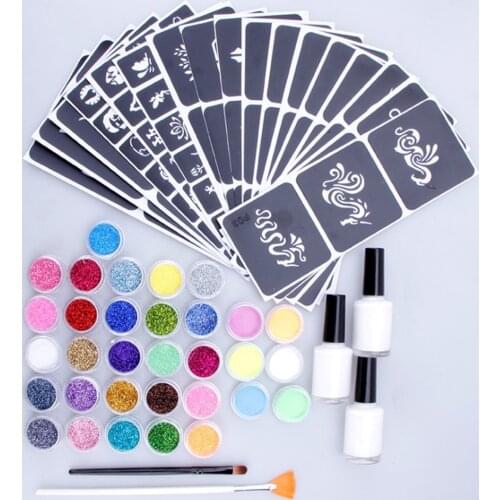 Temporary Tattoo set 54pcs 26 color diamond flash powder 104 mold face and body painting art tool