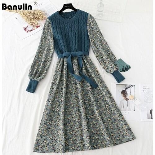 Autumn Women Knit Patchwork Floral Print Dress Femme O-Neck Puff Sleeve Bow Drawstring Vintage Dresses Casual A-Line Midi Dress