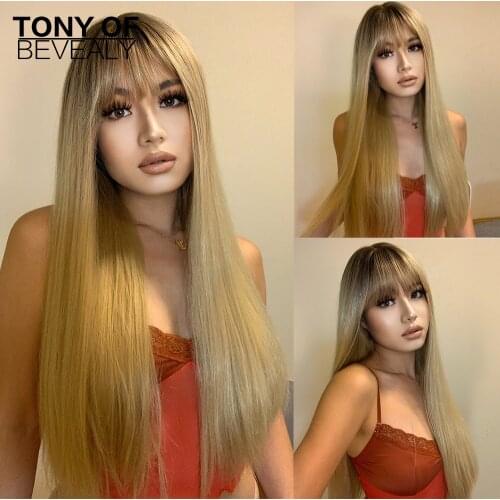 Long Wavy Ombre Black Red Brown Synthetic Hair Wigs with Bangs for Afro Women Heat Resistant Fiber Natural Looking Wigs