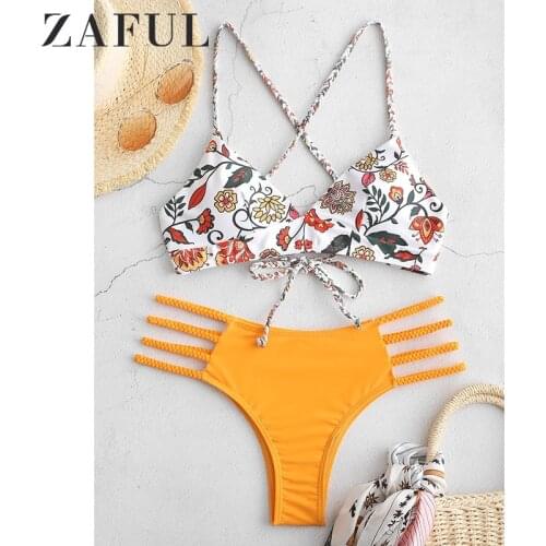 ZAFUL Low Waist Holiday Criss Cross Bikini Set Lace Up Bra And Briefs Sexy Elastic Wire Free Swimwear Flower Braided Padded