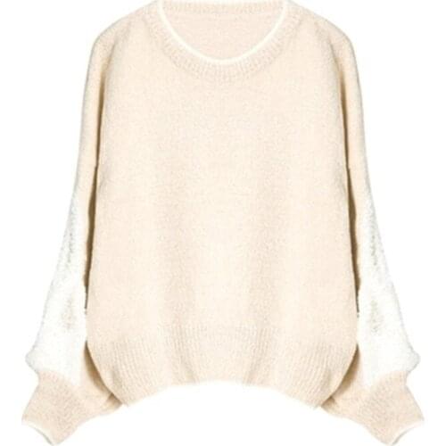 100%hand made pure mink cashmere thick knit women fashion Oneck pullover sweater lantern sleeve solid color one&over size