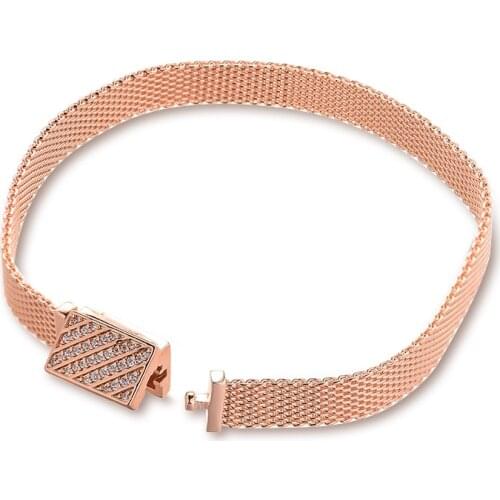 Reflexions Rose Long Clasp Pave Bracelet Fits 925 Silver Charms & Beads Woman DIY Fashion Jewelry Making Sterling Silver Bangle