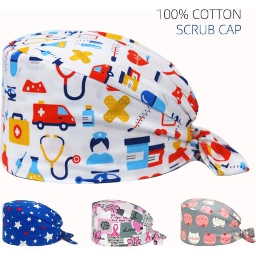 Unisex Scrub Cap 100% Cotton Starfish Printing Nursing Hats Adjustable Tie Back Beauty Salon Pet Shop Lab Working Surgicals Caps