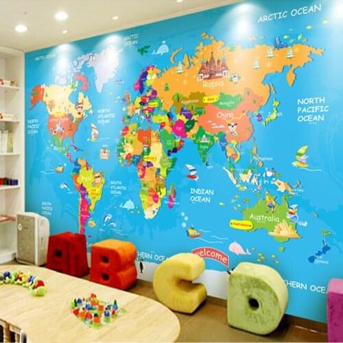 Blue Mediterranean wallpaper childrens room mural wall cloth cartoon bedroom living room English world map early education