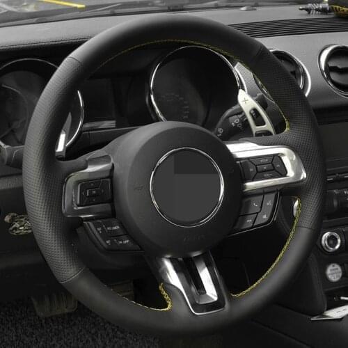 DIY Hand-Stitched Non-slip Black Genuine Leather Car Steering Wheel Cover For Ford Mustang 2015-2019 / Mustang GT 2015-2019