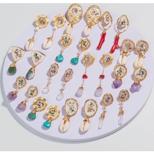 Handmade Vintage Earring Jewlry with Resin Broken Shell Natural Druzy Stone Earring Drop Shaped Earring for Women Party Gift