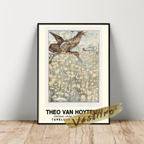 Theo Van Hoytema Museum Exhibition Poster, Theo Hoytema Tureluur Art Prints, Vintage Bird Flower Leaf Wall Painting, Idea Gift