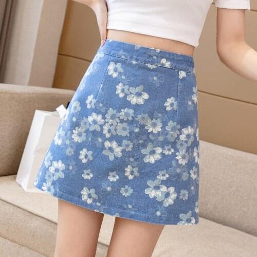 Women Casual Flowers Print Mini Denim Skirt High Waisted A-Line Korean Style Short Skirts Summer Harajuku Blue Streetwear Bottom