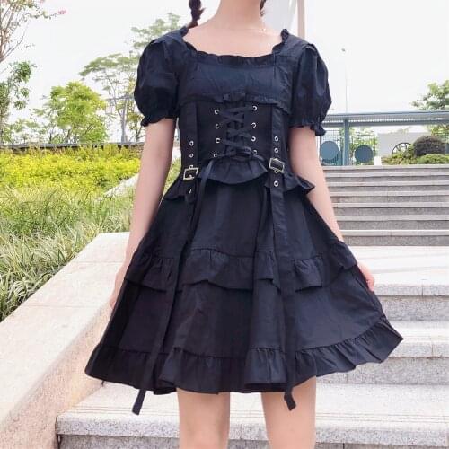 Summer Short-Height Black Puff Sleeve Waist Hugging Slim Temperament Puff Dress Women 2020 New Summer gothic lolita dress