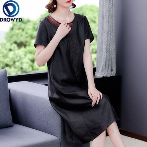 2021 Summer New Casual Loose O-neck Midi Dress Women Elegant Black Mulberry Silk Vintage Sundress Elegant Bodycon Party Vestidos