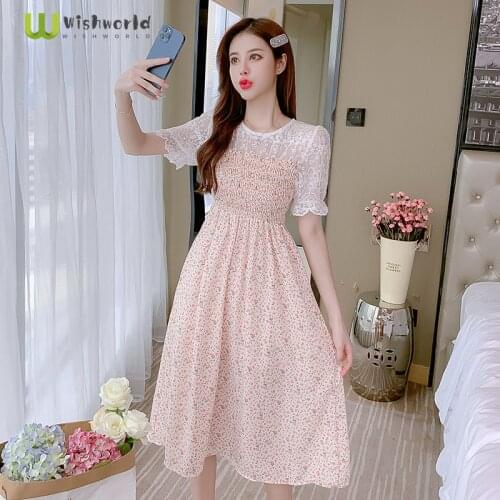 2021 Summer New Korean Gathered Waist Lotus Sleeve Chiffon Mesh Dress Womens Fashion Temperament Printed Party Dress Sundress