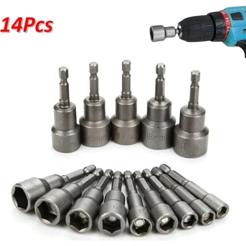 14pcs Magnetic Impact Nut Driver Socket Set Metric 6 To 19mm Grade Setters 1/4 Inch Hex Sleeve Nozzles Shank Drill Bit Adapter