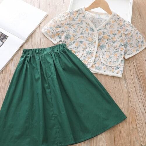 2021 Girls Clothes Set Fashion Cotton Blouse Shirt and Green Skirt Summer Casual Children Clothing Sets Korea Style Kids Sets