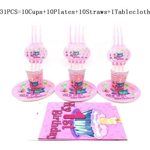 61Pcs Disney My First Birthday Baby Cup Plates Straws Tablecloth Happy Birthday Kids Favor Baby Shower Party Decoration Supplies