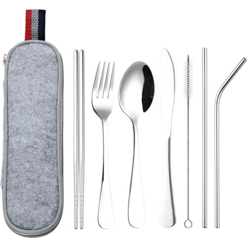 7Pcs/set Dinnerware Cutlery Set Tableware Utensils Set With Spoon Fork Knives Chopsticks Drink Straw For Dropshipping