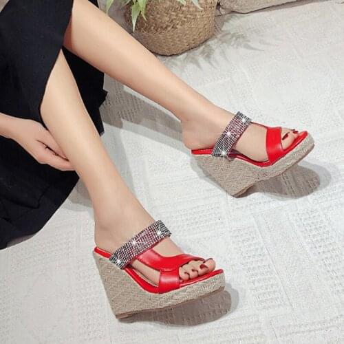 Shiny Sparking Rhinestone Crystal Slippers Oversized Shoes Woman Wedges High Heels Platformed Sandals Slides Big Plus Size 49 50